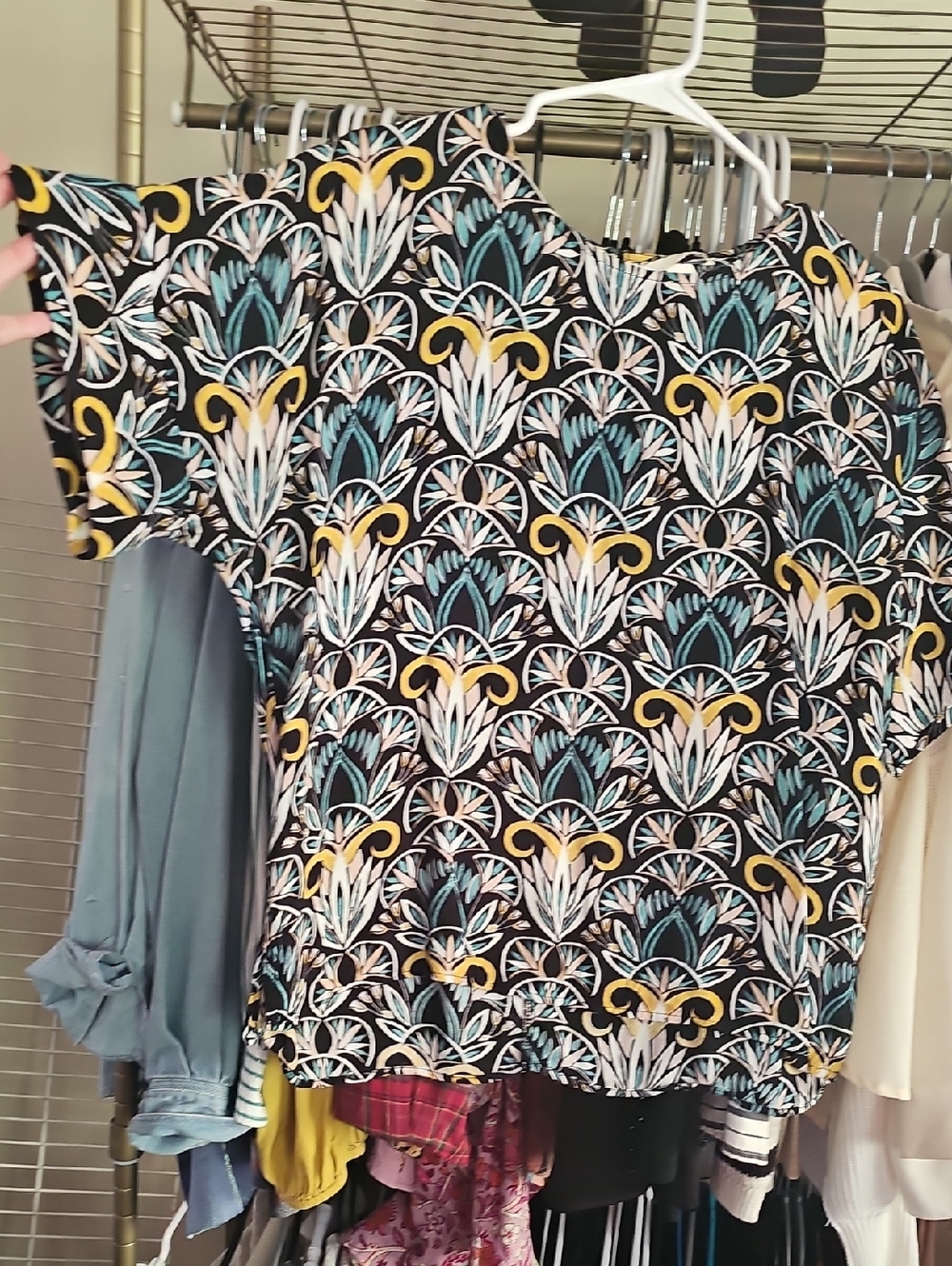 H&M Black Short-Sleeve Top with Teal, Yellow & White Pattern